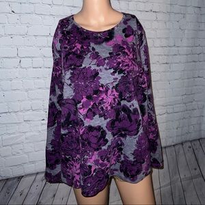 Croft & Barrow Classic Tee Dark Purple & Pink Floral Long Sleeve shirt size XL